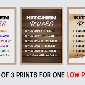 Set of 3 Kitchen Rules Printable Sign Digital Download, Kitchen Wall Decor Printable Artwork