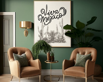 May include: Two brown leather armchairs with gold accents and pillows, a gold side table, and a framed print with the text "Viva México" and a drawing of cacti.