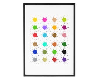 Può includere: Una stampa incorniciata con sfondo bianco e 25 schizzi di vernice colorati disposti in una griglia.