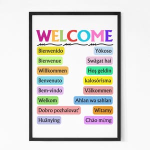 Może przedstawiać: Kolorowy napis powitalny z napisem "WELCOME" dużymi, wielokolorowymi literami. Na tabliczce znajduje się słowo "witaj" w różnych językach, w tym hiszpańskim, francuskim, niemieckim, włoskim, polskim i japońskim.