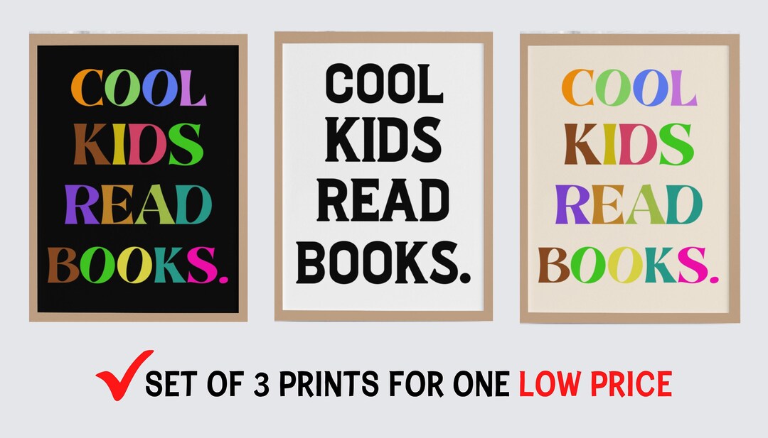 Set of 3 Cool Kids Read Books Print, Kids Reading Nook Playroom Wall ...
