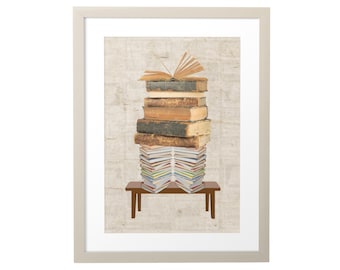 Bücherstapel Kunstdruck, Bücherwurm Deko (Digitaler Download)