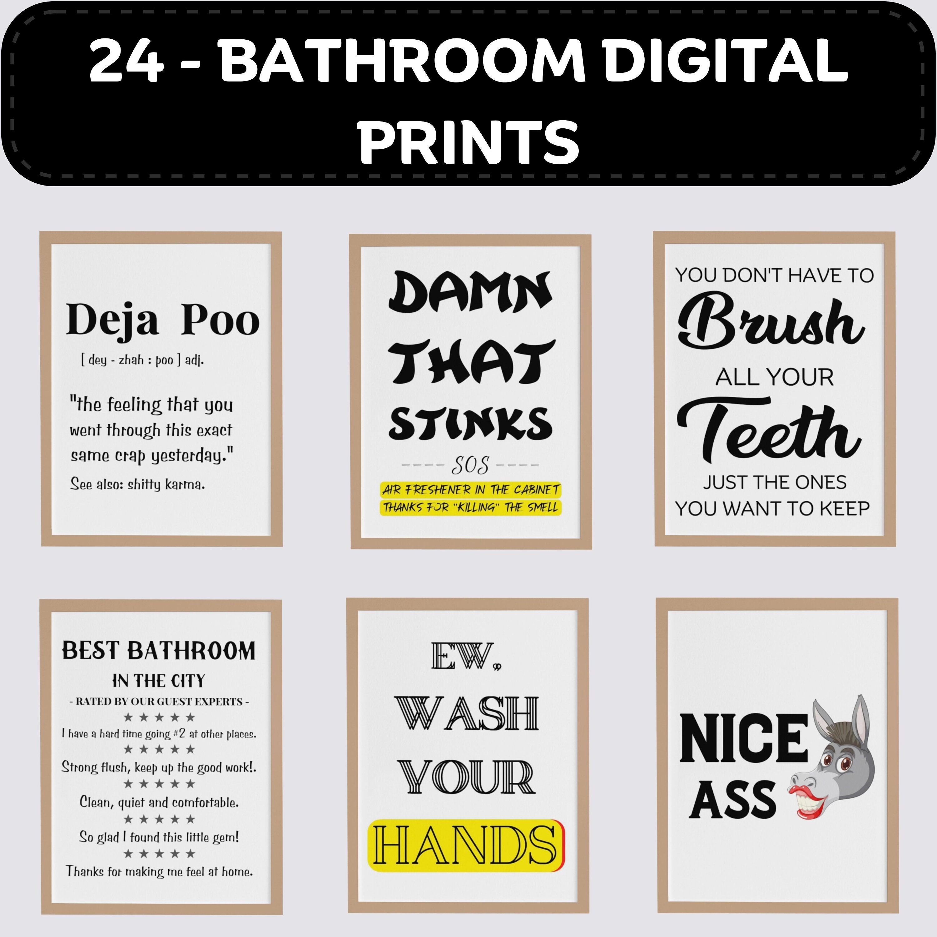 Funny Bathroom Signs Printables Set of 24, Bathroom Art, Bath Decor ...