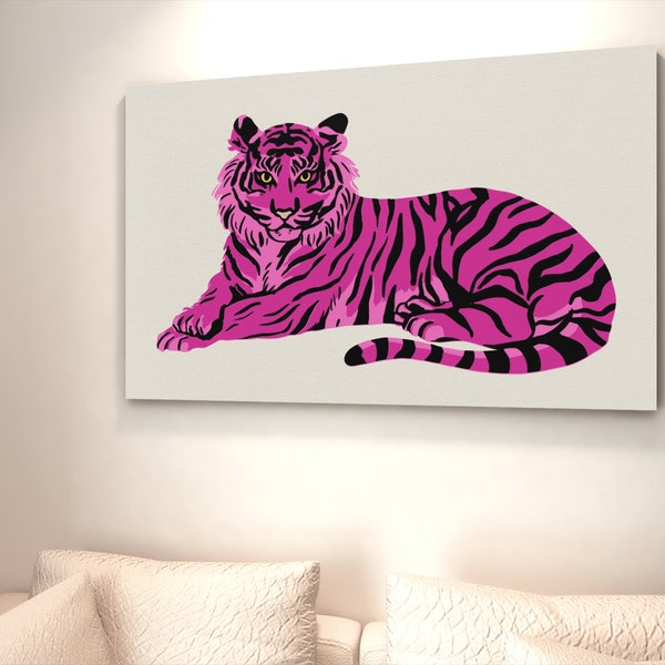 Tiger Painting Large Maximalist Wall Art Preppy Room Decor, Horizontal Pink Black Wall Art Animal Print