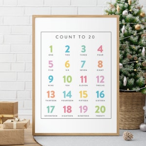 Numbers Educational Poster Rainbow Counting 1-20 Printable Art, Kids Homeschool Learning Montessori Print, Classroom Art Decor Digital File