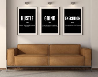 Hustle Grind Execution Art Print Set, Modern Office Decor (Digital Download)