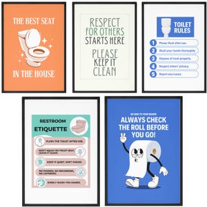Funny Toilet Rules Restroom Etiquette Poster Prints Bundle Set of 5, Bathroom Decor Signs For Multiple Toilets, Affordable Housewarming Gift