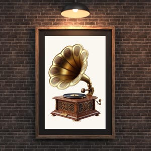 Antique Gramophone Digital Print Download, Retro Gramophone Artwork Printable Home Office Decor