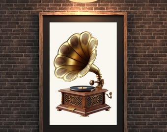 Antique Gramophone Digital Print Download, Retro Gramophone Artwork Printable Home Office Decor
