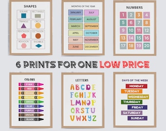 Set de arte mural educativo para guardería: 6 carteles imprimibles para aulas, salas de juegos y educación en casa.