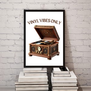 Vintage platen met platenspeler: retro muurkunst muziekkamer (digitale download)