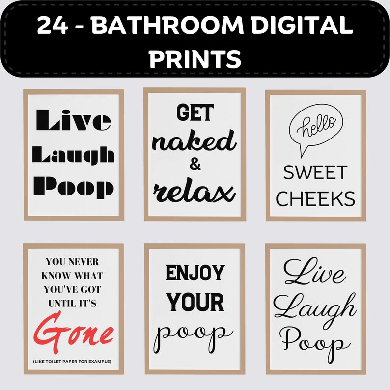 Funny Bathroom Signs Printables Set of 24, Bathroom Art, Bath Decor ...