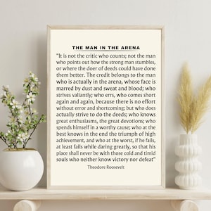 Impresiones de &quot;El hombre en la arena&quot;, cita de Theodore Roosevelt, impresión con cita inspiradora de Teddy, regalo de graduación, decoración de pared para el hogar y la oficina.
