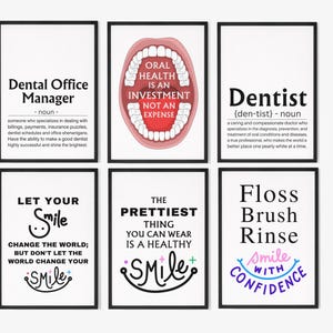6er Set &#39;Zahnärztinte Print&#39;, 6er Set Zahnarzthelferin, Zahne Zahnarzt Dekor, Lächeln Zitat Zahnheilkunde Wandkunst Dentist Zitat Dentist Poster Denim Print