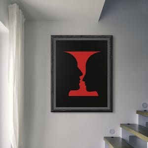 Optical Illusion Printable Wall Art Download, Black And Red Head Silhouette Minimalist Print