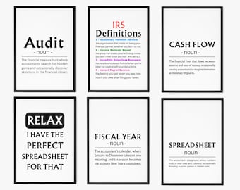 Puede incluir: Seis impresiones enmarcadas en negro con fondos blancos y texto negro. Las impresiones se titulan "Auditoría", "Definiciones del IRS", "Flujo de caja", "Relájate, tengo la hoja de cálculo perfecta para eso", "Año fiscal" y "Hoja de cálculo".
