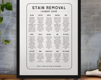 May include: A black and white printable chart with a laundry stain removal guide. The chart lists common stains such as blood, coffee, sweat, makeup, mud, paint, grass, grease, ink, ketchup, wine, chocolate, gum, ice cream, and butter. Each stain is listed with instructions on how to remove it.