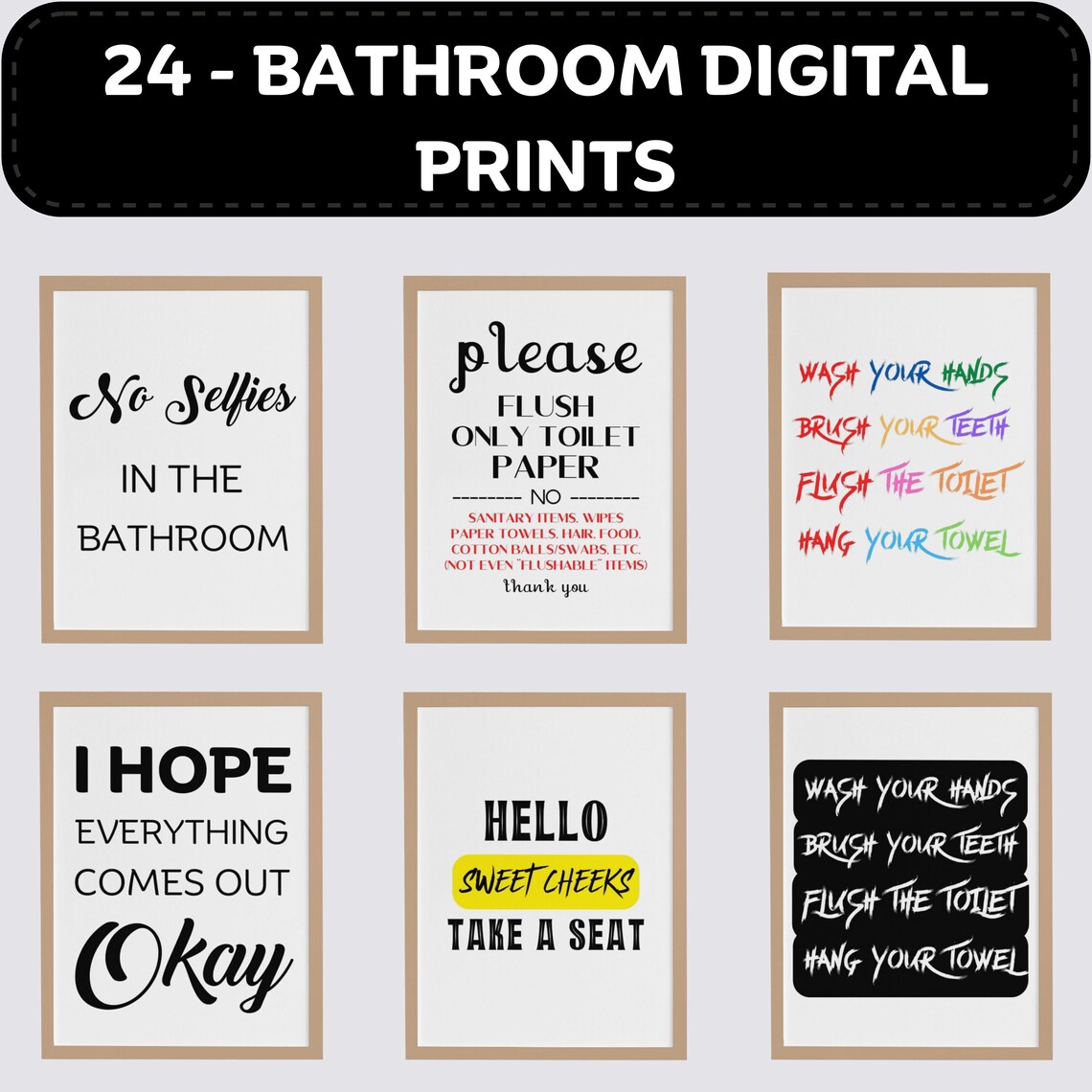 Funny Bathroom Signs Printables Set of 24, Bathroom Art, Bath Decor ...