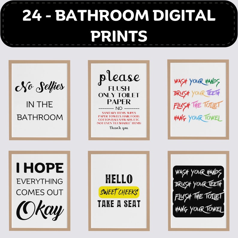 Funny Bathroom Signs Printables Set of 24, Bathroom Art, Bath Decor ...