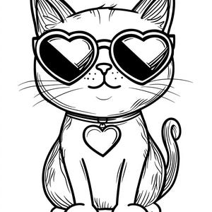 May include: A black and white line drawing of a cat wearing heart-shaped sunglasses and a collar with a heart charm.