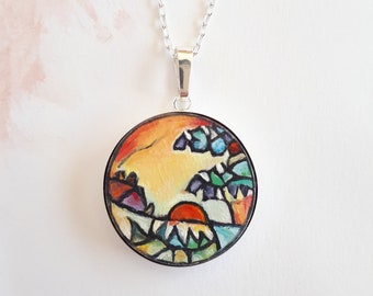 Hand-Painted tropical sunset pendant, colourful statement necklace, slow fashion jewellery, beach accessory