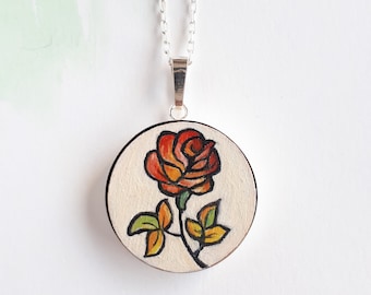 Unique hand-painted red rose pendant, sterling silver rose necklace, floral art jewellery, slow fashion jewellery