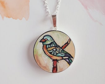 Original hand-painted bird pendant with sterling silver necklace, birder gift, tiny art necklace, slow fashion jewellery