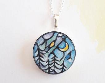 Hand-Painted crescent moon winter landscape pendant, celestial art necklace, slow fashion jewellery, unique gift