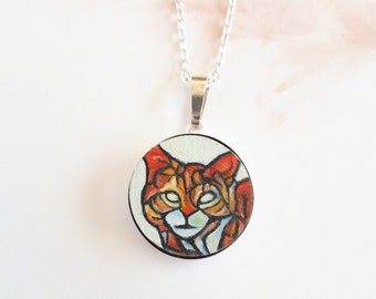 Hand-Painted ginger cat pendant, unique necklace for cat lovers, sterling silver jewellery, cat accessory,