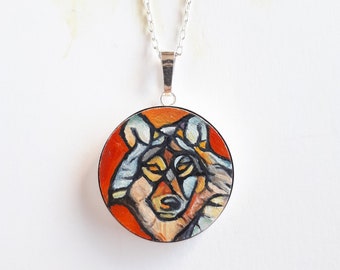 Unique hand-painted wolf pendant, sterling silver necklace, colourful jewellery, wildlife gift