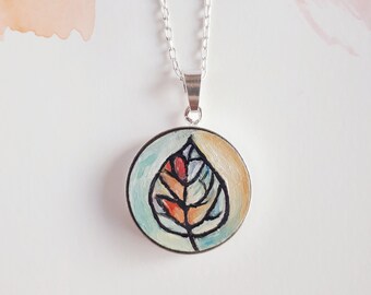 Original hand-painted leaf pendant, sterling silver tiny art necklace, botanical jewellery