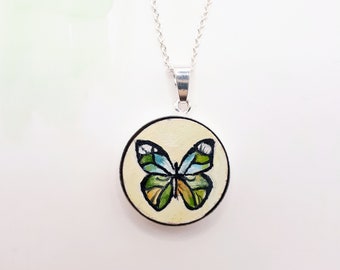 Hand-Painted butterfly pendant, wood and sterling silver jewellery, tiny art necklace, unique butterfly gift