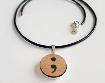 Unique semicolon pendant, hand-painted semicolon necklace, mental health jewelry, 925 silver and wood