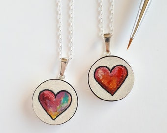 Unique hand-painted heart pendant, colorful heart necklace, sterling silver and wood, jewelry for her