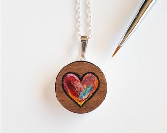 5th anniversary gift for wife, wood anniversary necklace, unique hand-painted heart pendant, sterling silver and wood jewelry