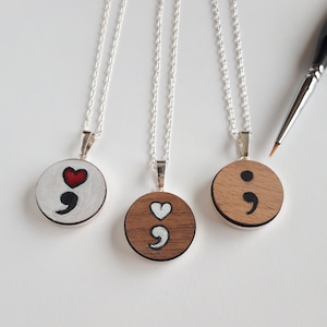 Unique semicolon pendant, hand-painted semicolon necklace, heart semicolon, mental health jewelry, 925 silver and wood