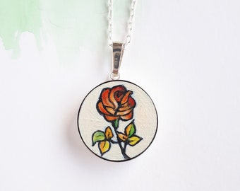 Hand-Painted red rose pendant, tiny art necklace, sterling silver and wood, slow fashion jewellery, flower gift