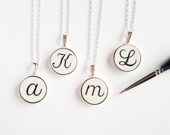 Unique hand-painted initial pendant, custom letter necklace, initial jewelry, 925 silver and wood