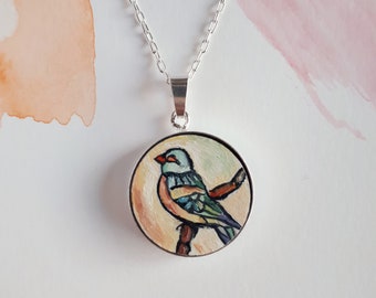 Original hand-painted bird pendant, sterling silver jewelry, bird lover gift, miniature art necklace