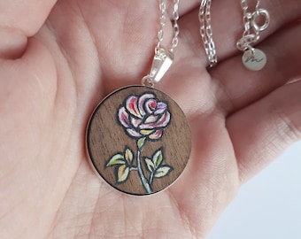 5 year wedding anniversary gift for her, wood anniversary gift, unique hand-painted flower pendant, sterling silver and wood jewellery