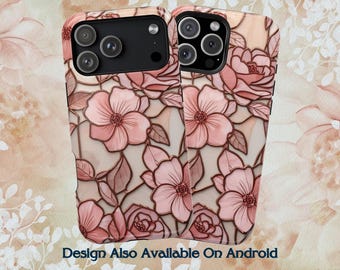Faux Stained Glass Cherry Blossom Flowers Cell Phone Case | Pink Floral (MagSafe Compatible)