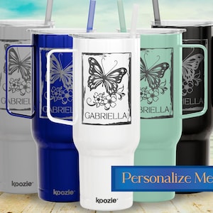 Personalized Engraved 40oz Insulated Tumbler | Floral Butterfly 40 oz Travel Mug with Handle | Coffee Lovers Gift, Reusable Straw Cup