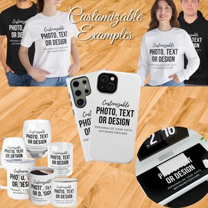 Customizable Examples: Top: Unisex Comfort Colors or Bella T Shirts, unisex sweatshirts or hoodies, Center: Android and Magsafe Iphone cases Bottom: Glass, Insulated and Ceramic drinkware, Extra Large Black deskmat. All have the Customizable text.
