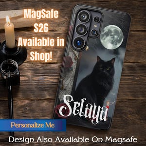 Personalized Gothic Phone Case | Samsung Black Cat & Roses | Custom Name Galaxy S26, S25, S24, S23, S22, S21, S20 | Full Moon Witch Art