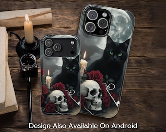 Gothic MagSafe Phone Case | Black Cat, Red Roses, Skull & Full Moon Art, Witchy Halloween Aesthetic, iPhone 17 16 15 14 13 Pro Max Plus Mini