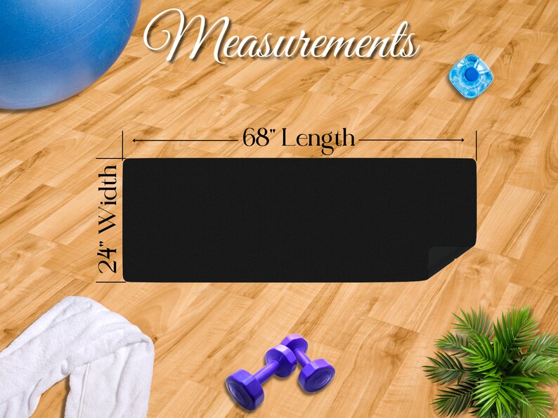 Measurements: a black mat lying in the center of a gym showing 68 in length by 24 in width.