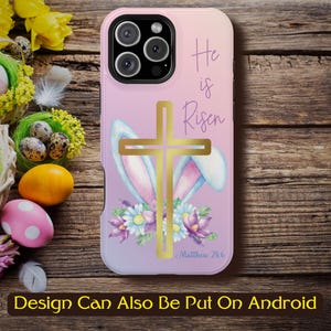 Easter MagSafe Tough Cases | He Is Risen Holiday Cell Phone Case | iPhone 16 15 14 13 Pro Max Mini | Floral Bunny Ears & Cross | Pink