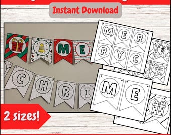 Christmas Coloring Banner Printable, Merry Christmas Banner Download, DIY Christmas Decorations, Kids Christmas Craft, DIY Christmas Crafts