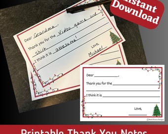 Kids Christmas Fill In the Blank Thank You Cards, Printable Thank You Note for Christmas, Christmas Thank You Note Cards for Kids