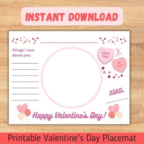 Valentine Placemat Printable, Valentine Printable, Valentines Day Activity for Kids, Valentine's Day Printable Activity, Printable Valentine